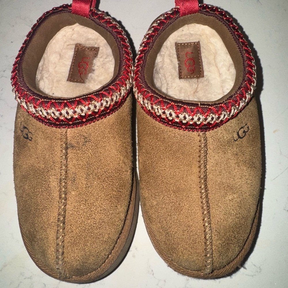 UGG Tan Suede Slippers with Red and White Trim Big Girl